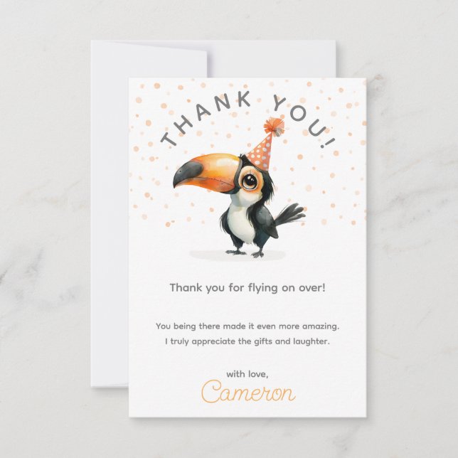 Cute baby toucan,fly on over, kid’s birthday  thank you card (Front)