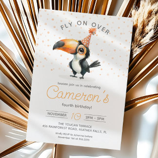 Cute baby toucan, fly on over, kids birthday  invitation