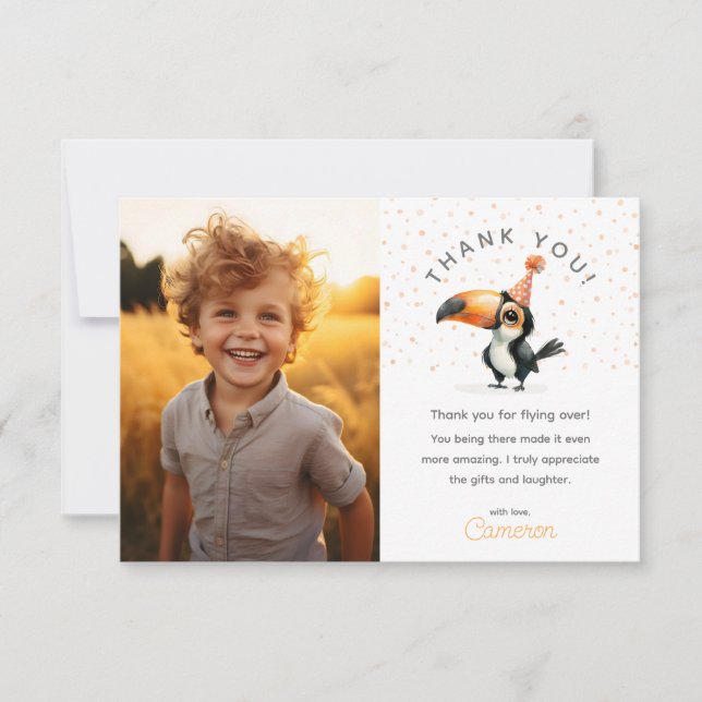Cute baby toucan, fly on over, kids birthday photo thank you card (Front)