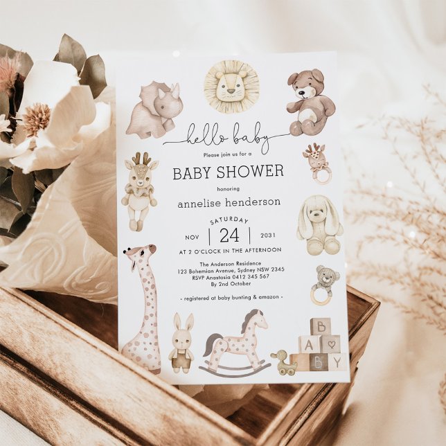 Cute Baby Toy Plushies Gender Neutral Baby Shower Invitation (Creator Uploaded)