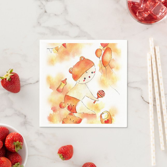 Cute Baby & Toys Orange Watercolor 1st Birthday Napkin (Creator Uploaded)