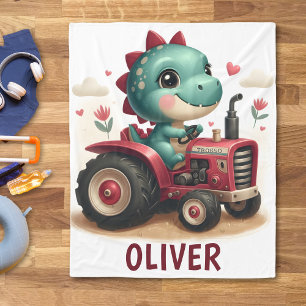 Cute Baby Trex Dinosaur Driving Red Tractor Fleece Blanket