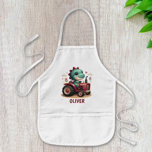 Cute Baby Trex Dinosaur Driving Red Tractor  Kids Apron