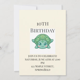 Cute Baby Turtle 10th Birthday Invitation