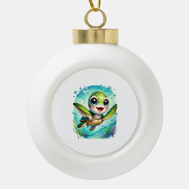 Cute Baby Turtle Swimming in Ocean Ceramic Ball Christmas Ornament (Front)