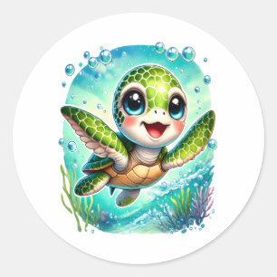 Cute Baby Turtle Swimming in Ocean Classic Round Sticker