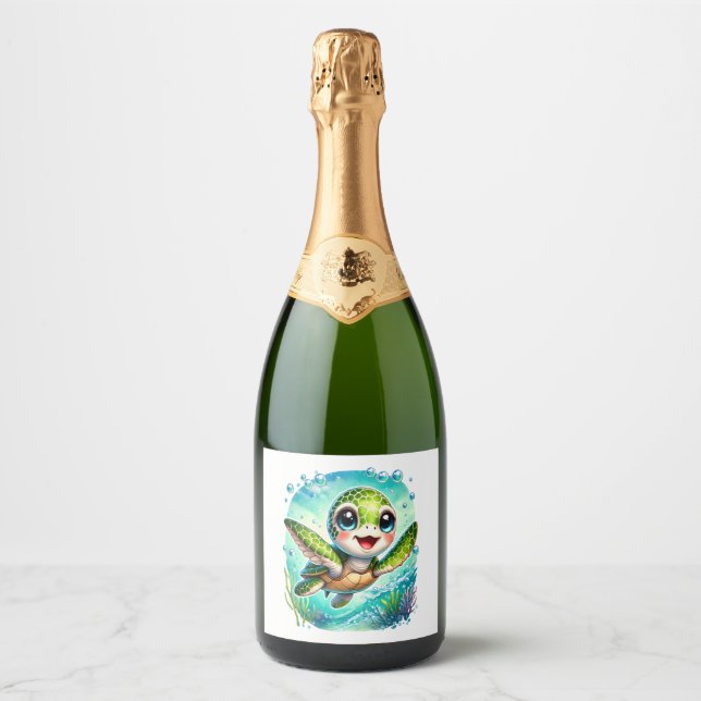 Cute Baby Turtle Swimming in Ocean Sparkling Wine Label (Front)