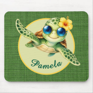 Cute Baby Turtle with Blue Sunglasses and Hibiscus Mouse Mat