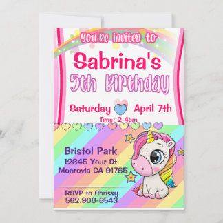 Cute baby Unicorn5th birthday invitation