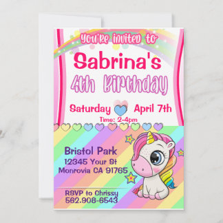 Cute baby Unicorn 4th birthday invitation