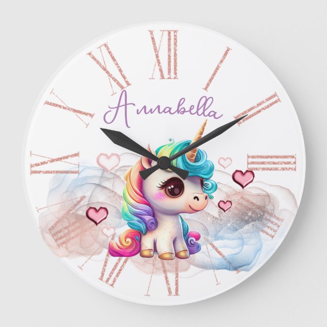 Cute Baby Unicorn and Hearts Large Clock (Front)