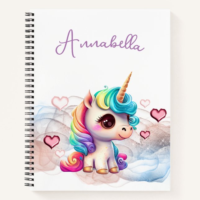 Cute Baby Unicorn and Hearts Notebook (Front)