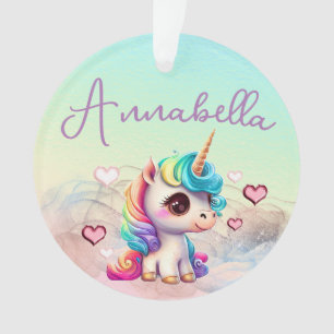Cute Baby Unicorn and Hearts on Rainbow Ornament