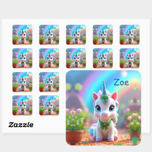 Cute baby unicorn and rainbow, girls birthday square sticker