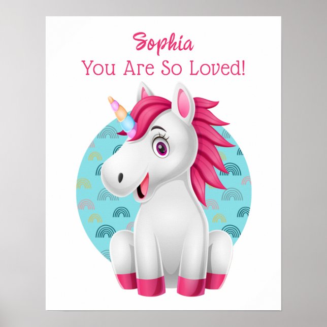 Cute Baby Unicorn Art, Child's Name & Message Poster (Front)