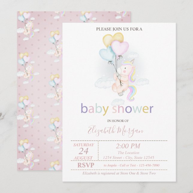 Cute Baby Unicorn Balloons Baby Shower Invitation (Front/Back)