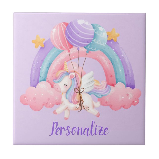 Cute Baby Unicorn Balloons Rainbow Colours Tile (Front)