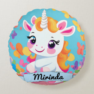 Cute Baby Unicorn Butterfly Custom Name Round Cushion