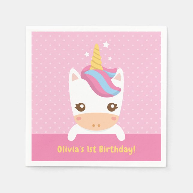Cute Baby Unicorn First Birthday Party Napkins (Front)