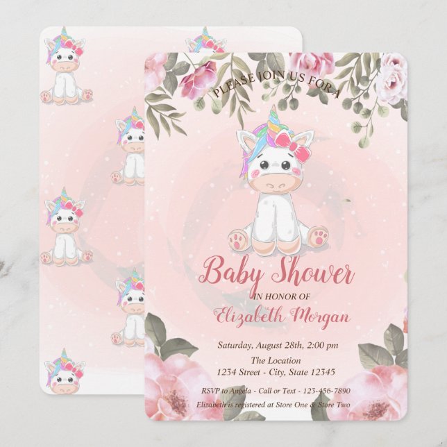 Cute Baby Unicorn, Floral Baby Shower Invitation (Front/Back)