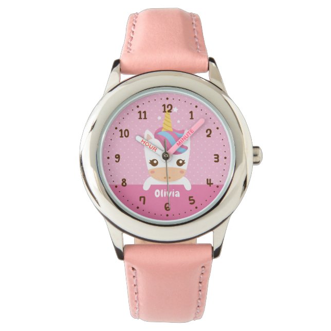 Cute Baby Unicorn Girls Kids Personalised Watch (Front)