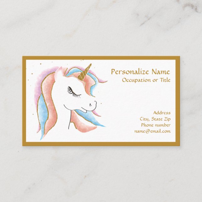 Cute Baby Unicorn Pastel Pink Blue Gold Horn Business Card (Front)