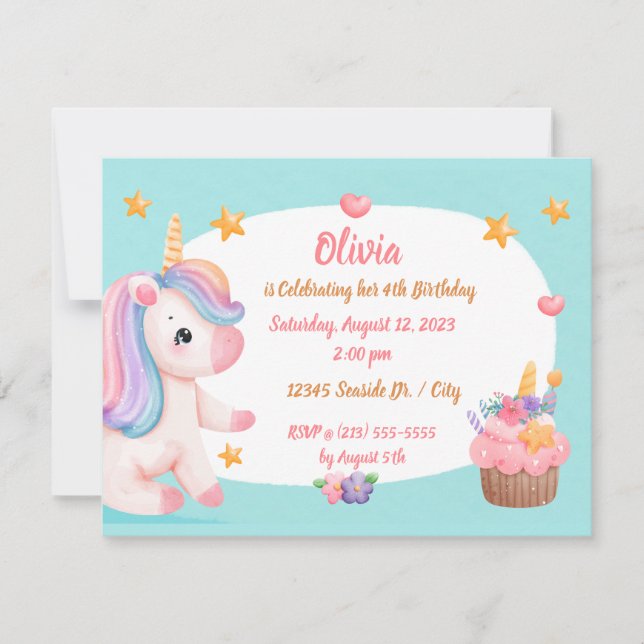 Cute Baby Unicorn Pastel Rainbow Cupcake Birthday Invitation (Front)