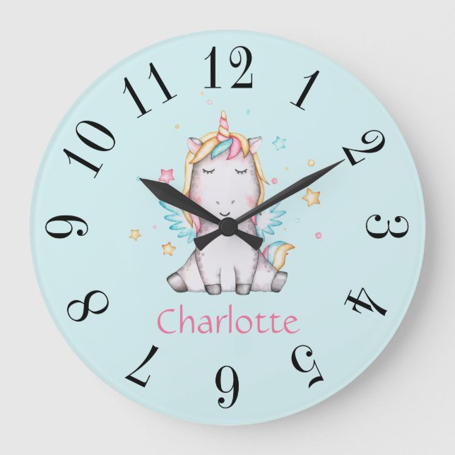 Cute Baby Unicorn Personalised Large Teal Clock (Front)