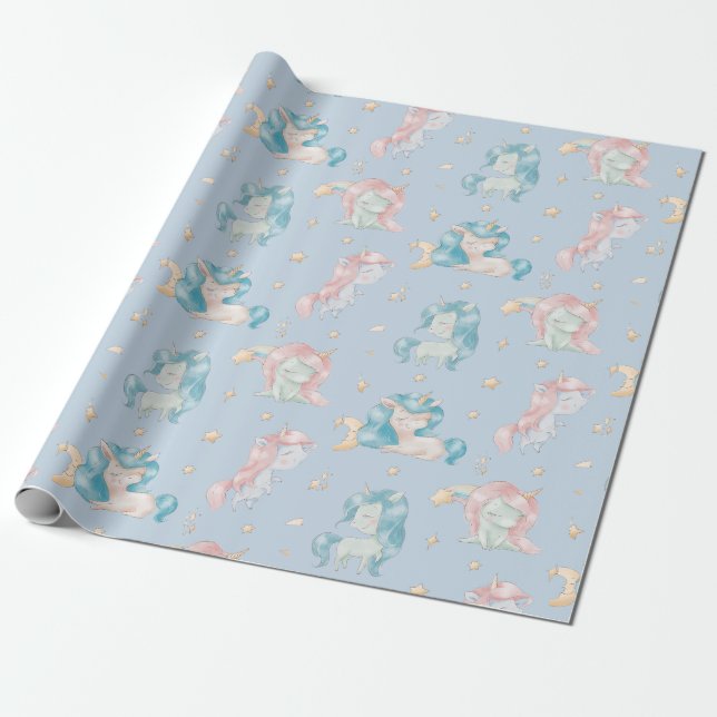 Cute Baby Unicorn Pink Blue Pastel Nursery Child Wrapping Paper (Unrolled)