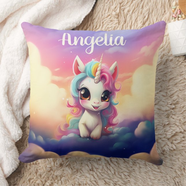 Cute Baby Unicorn Pink Purple Sky Cushion (Blanket)