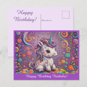 Cute Baby Unicorn Purple Birthday Greeting Postcard