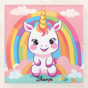 Cute Baby Unicorn Rainbow Glass Coaster