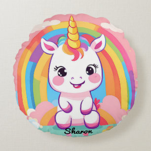 Cute Baby Unicorn Rainbow Round Cushion