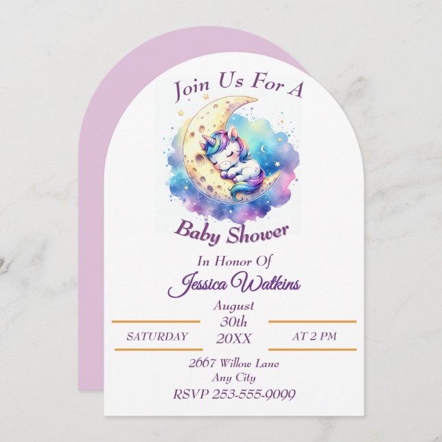 Cute Baby Unicorn Sleeping on a Half Moon Invitation (Front/Back)