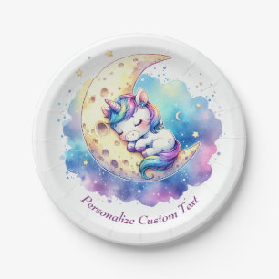 Cute Baby Unicorn Sleeping on the Moon Paper Plate