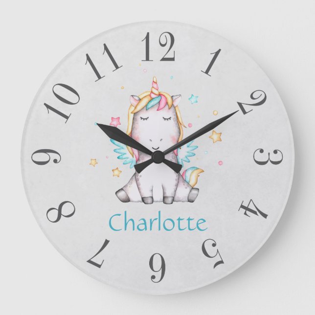 Cute Baby Unicorn Soft Grey & Teal Personalised Large Clock (Front)