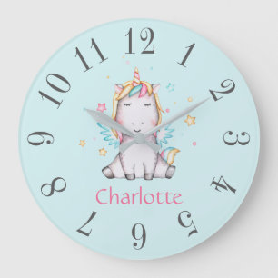 Cute Baby Unicorn Soft Teal Personalised Large Clock