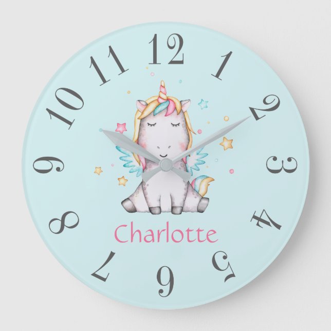 Cute Baby Unicorn Soft Teal Personalised Large Clock (Front)