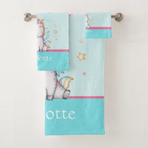 Cute Baby Unicorn Teal Blue Personalised Bath Towel Set