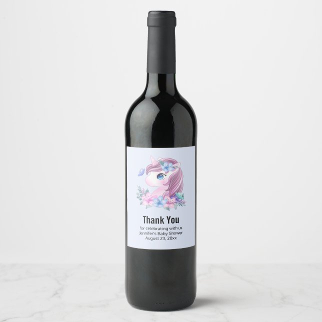 Cute Baby Unicorn with Big Eyes Thank You Wine Label (Front)