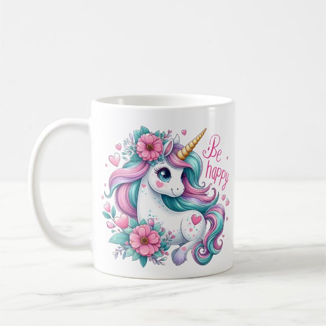 Cute Baby Unicorn With Flowers for Women & Girls Coffee Mug (Left)
