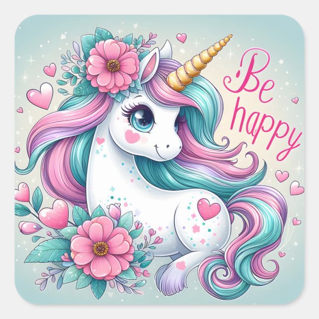 Cute Baby Unicorn With Flowers for Women & Girls Square Sticker (Front)