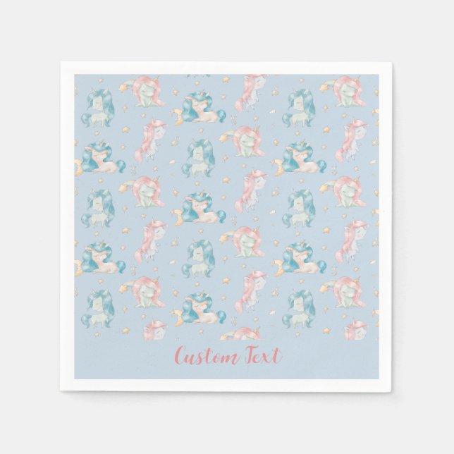 Cute Baby Unicorns Blue Pink Personalised Napkin (Front)