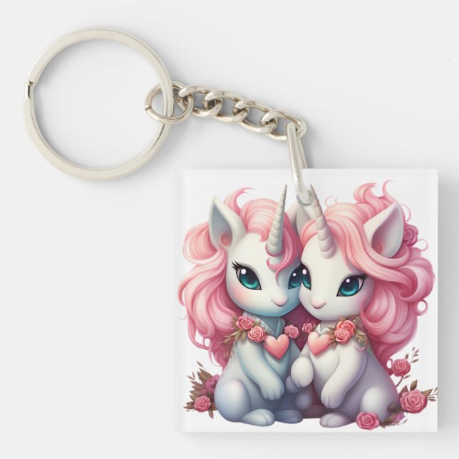 Cute Baby Unicorns Cpuple for Valentine's Day Gift Key Ring (Front)