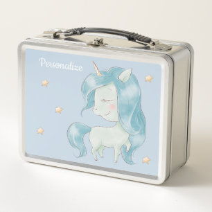 Cute Baby Unicorns Pink Blue Stars Personalised Metal Lunch Box