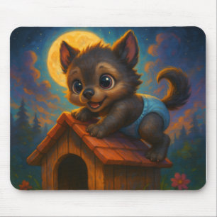 Cute Baby Warewolf Puppy Eyes Doghouse Fantasy Art Mouse Mat