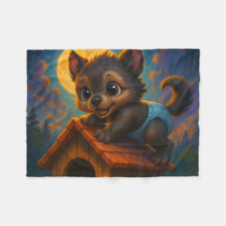 Cute Baby Werewolf on Dog House Fantasy Art Fleece Blanket