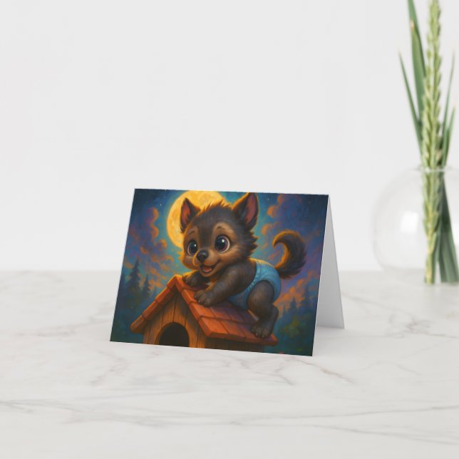 Cute Baby Werewolf on Dog House Fantasy Art Thank You Card (Front)
