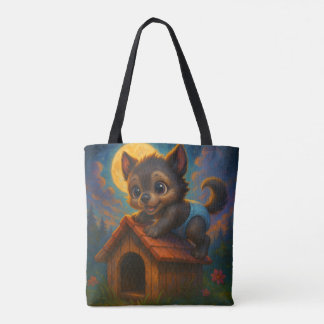 Cute Baby Werewolf on Dog House Fantasy Art Tote Bag