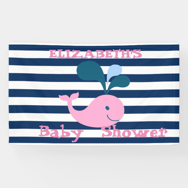 Cute Baby Whale, Navy Blue Stripes-Personalised Banner (Horizontal)
